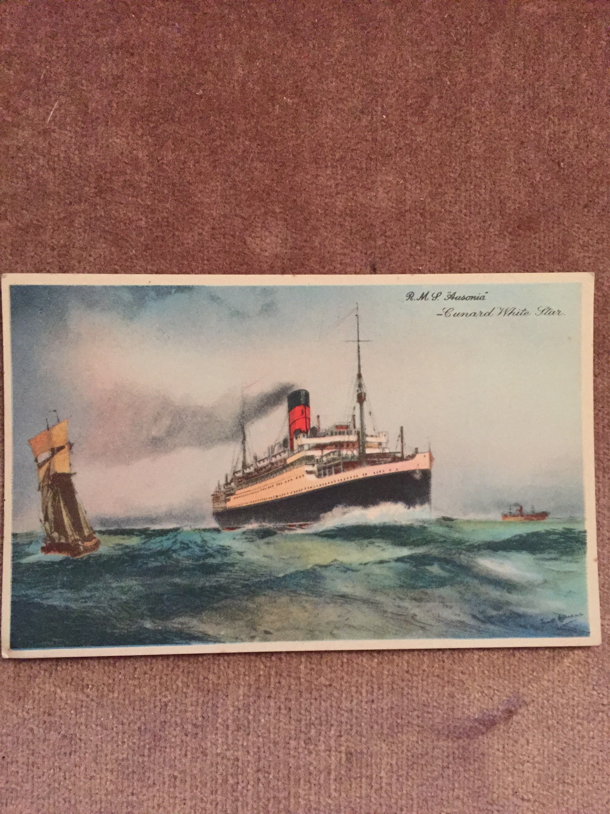 UNUSED COLOUR POSTCARD FROM THE OLD CUNARD WHITE STAR LINE VESSEL THE RMS AUSONIA