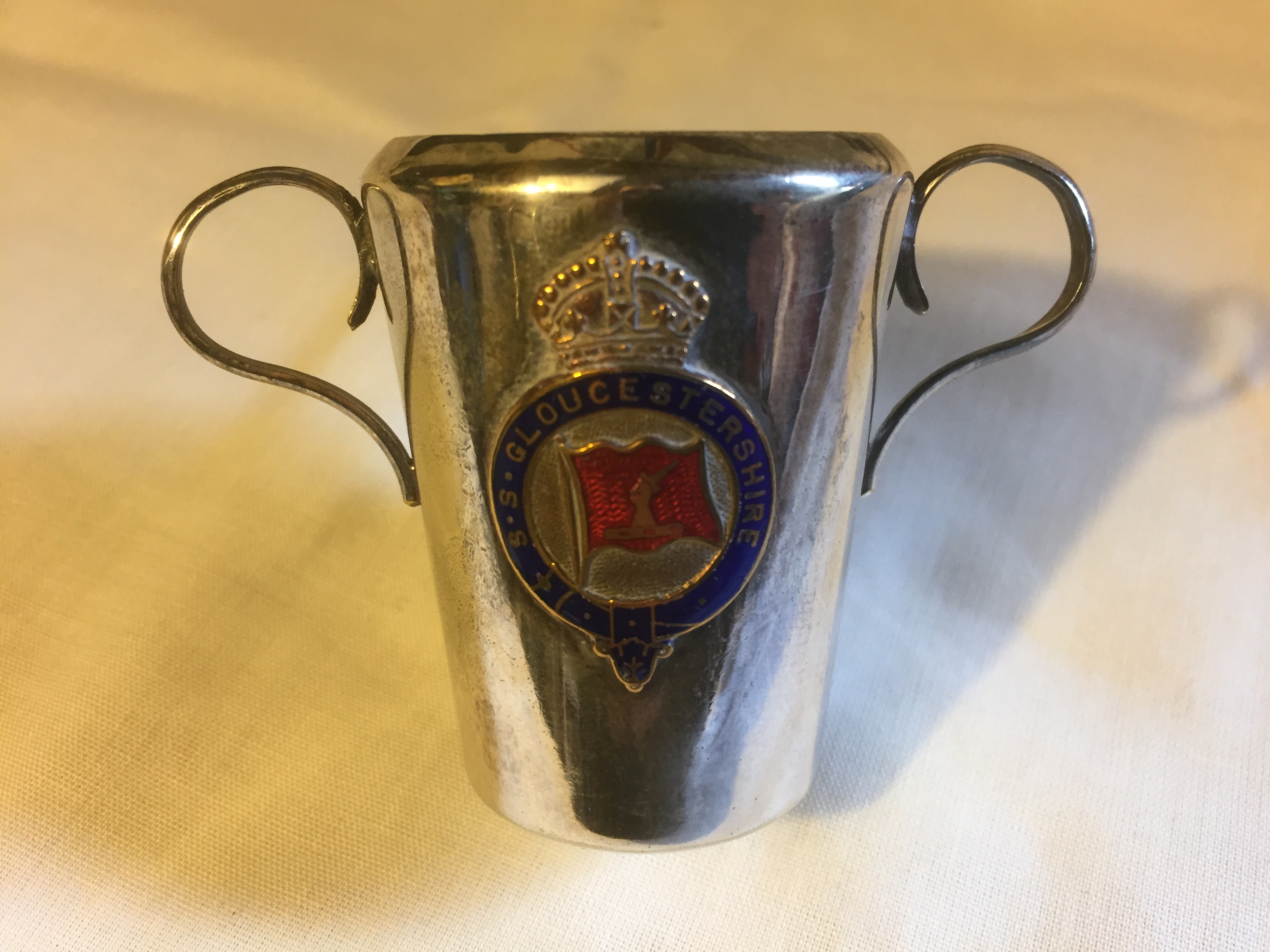 ORIGINAL SOUVENIR SALT POT FROM THE BIBBY LINE VESSEL THE SS GLOUCESTERSHIRE