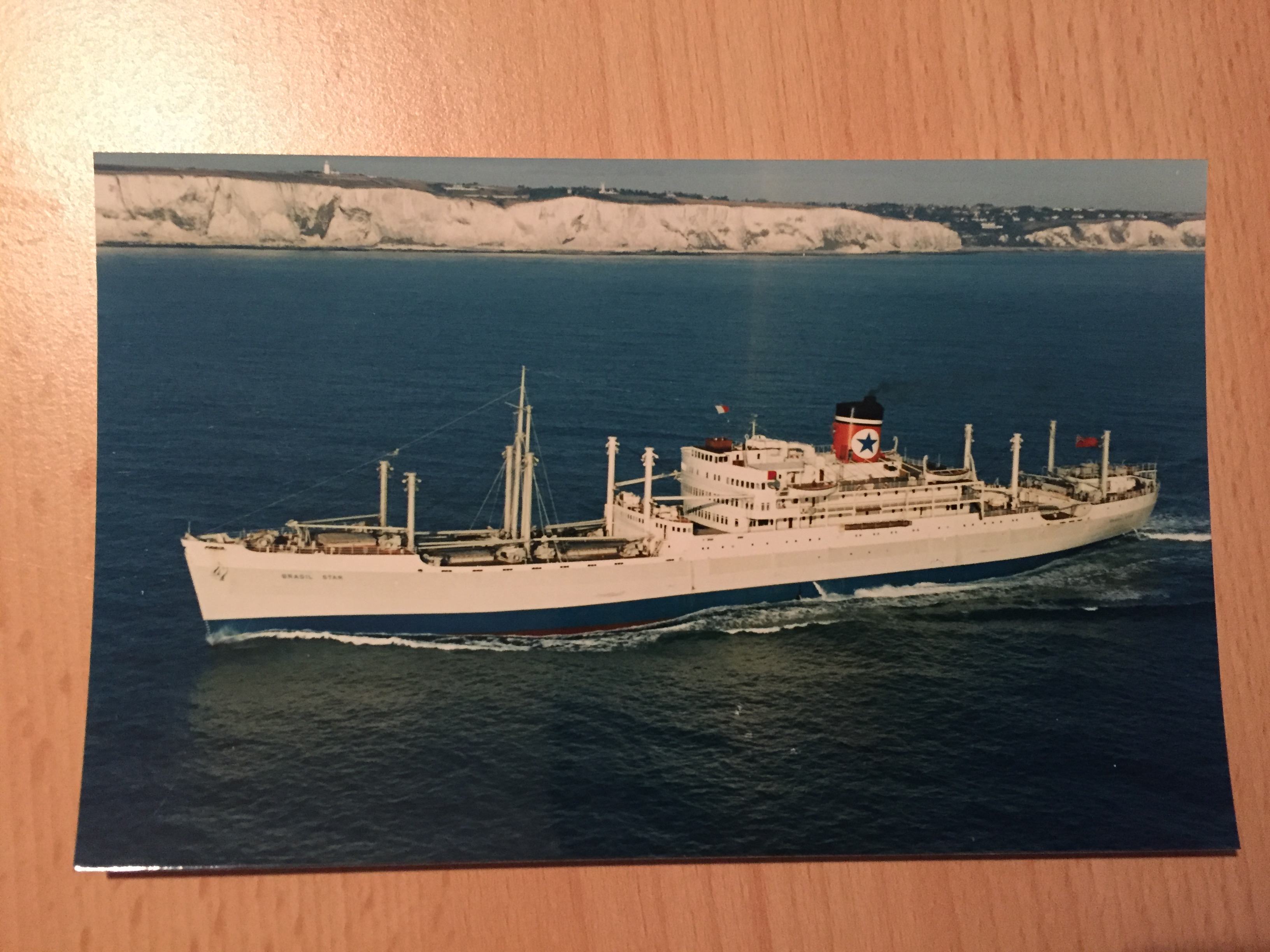 COLOUR POSTCARD SIZE PHOTOGRAPH OF THE BLUE STAR LINE VESSEL THE BRAZIL STAR