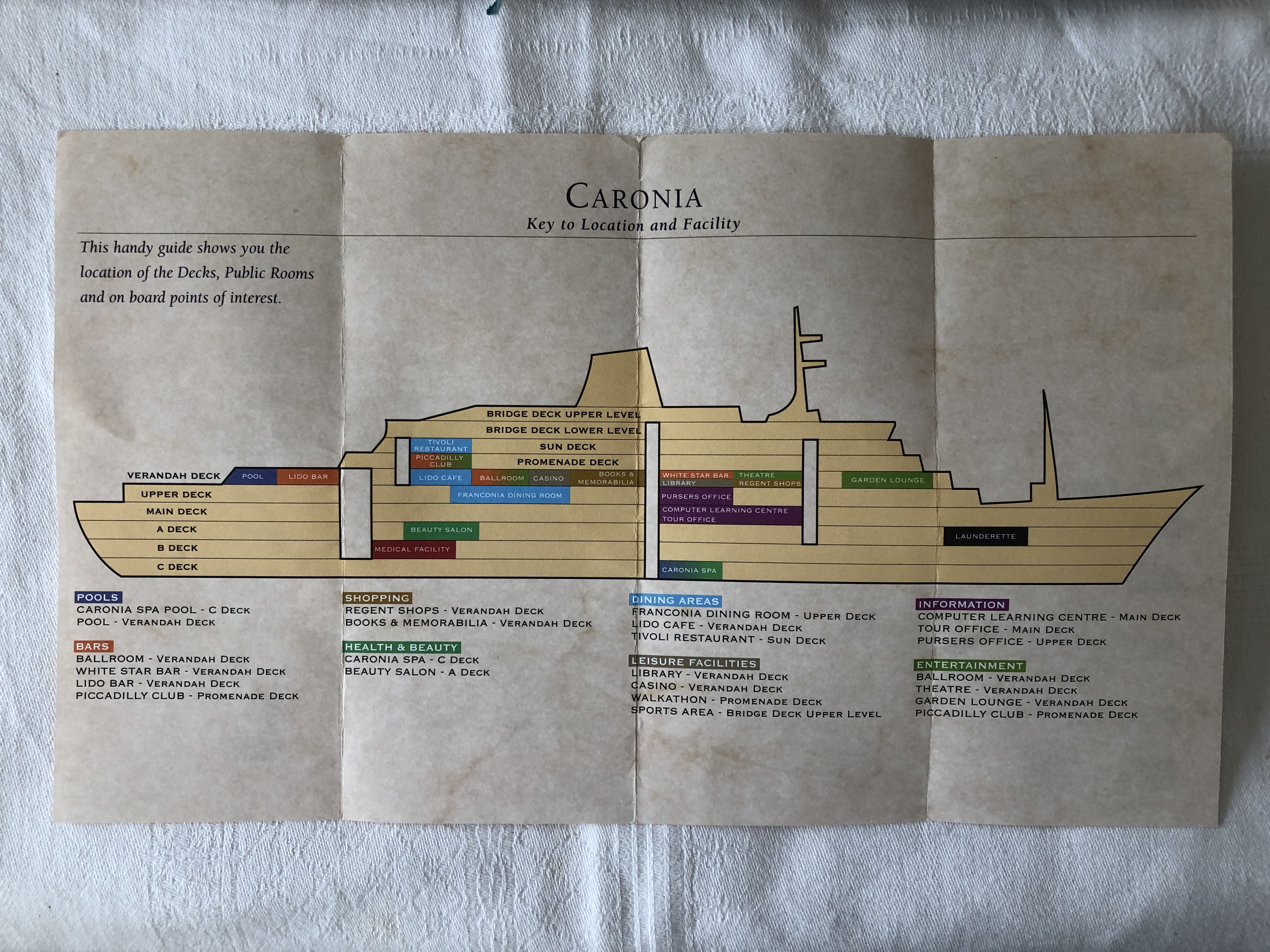 PASSENGER SHIP LOCATION MAP FROM THE CUNARD LINE VESSEL THE CARONIA