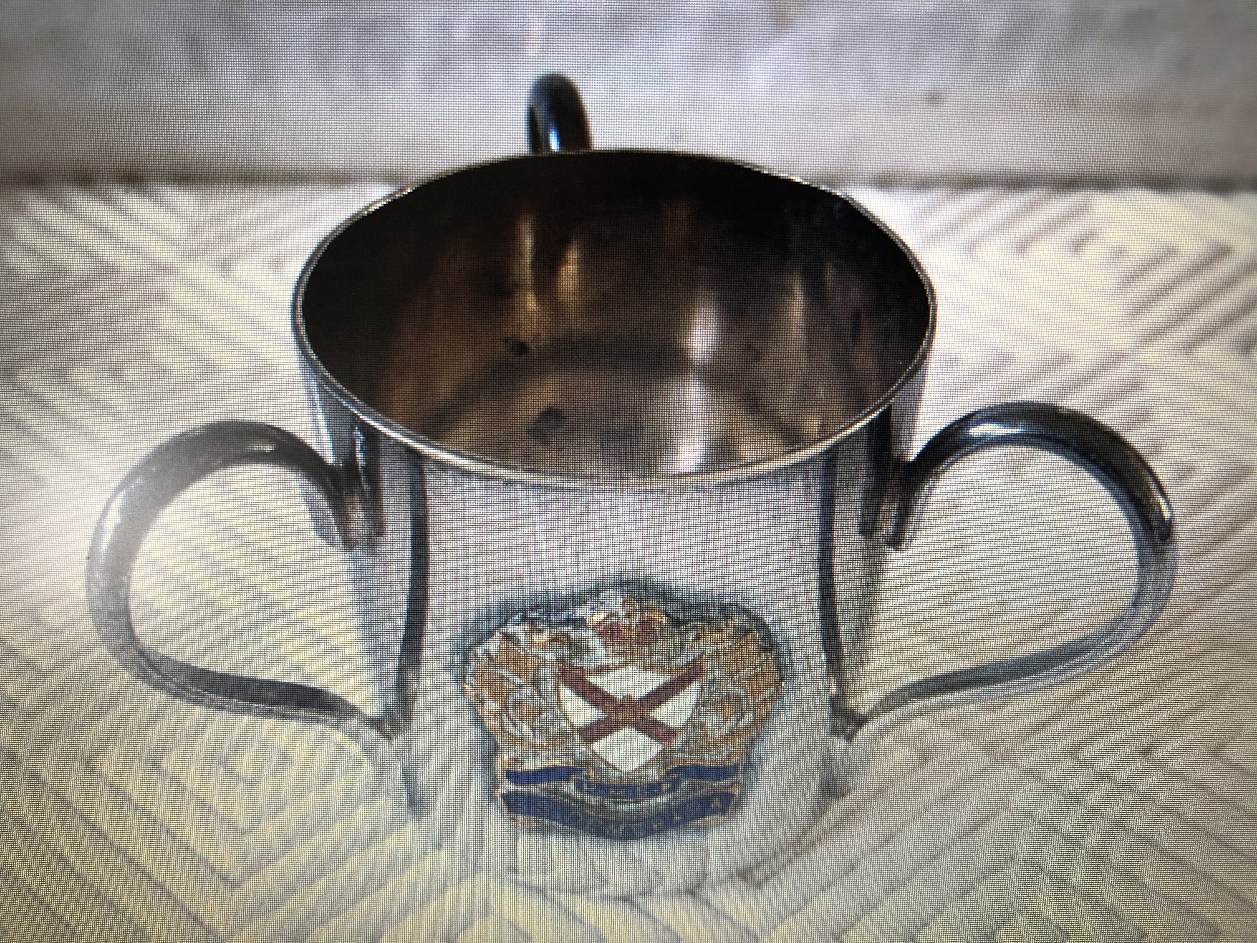 SILVER COLOURED TRI-HANDLE POT SOUVENIR FROM THE ROYAL MAIL LINE VESSEL THE SS DEMERARA