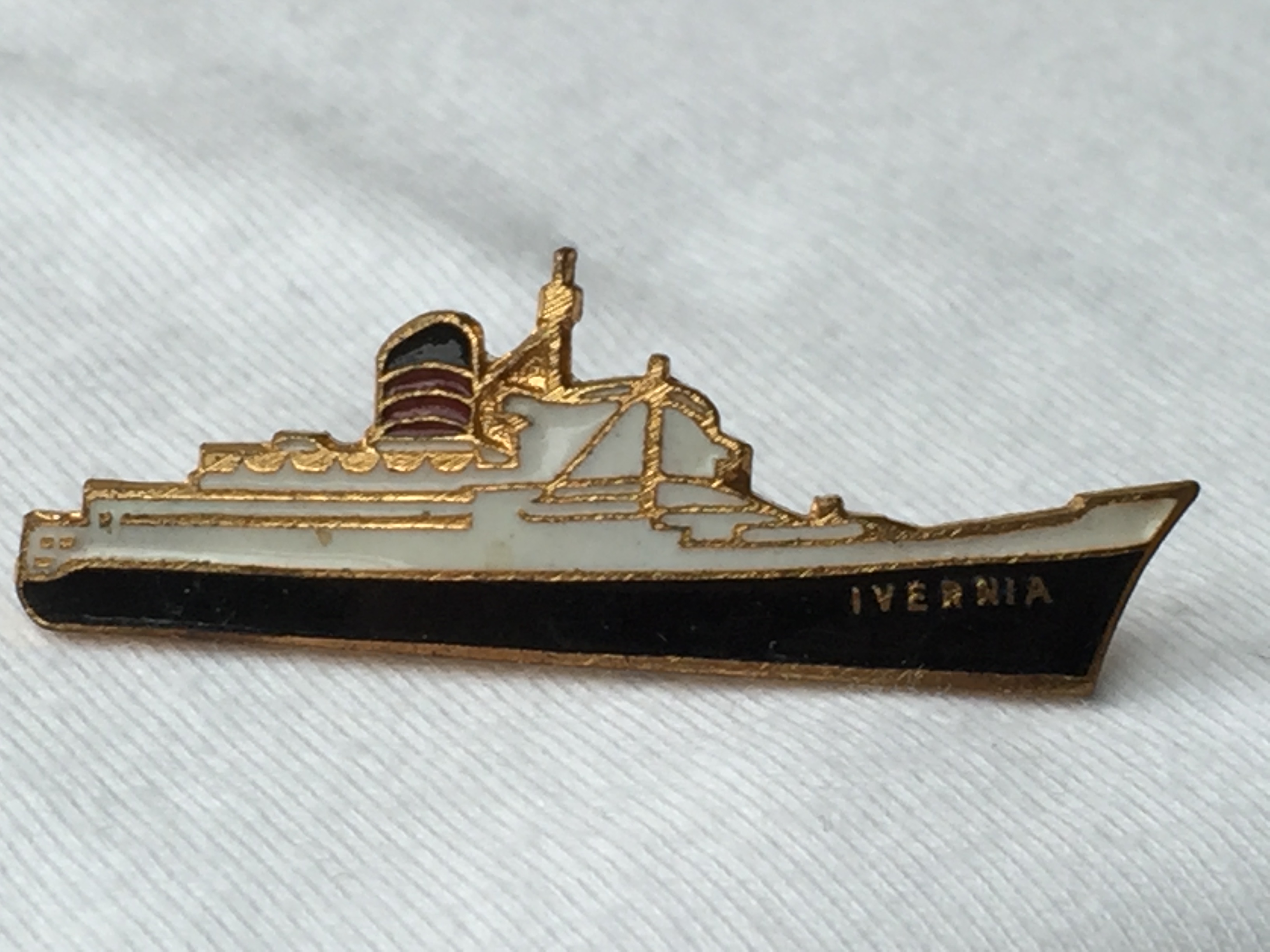 EARLY SHIP SHAPE LAPEL PIN FROM THE CUNARD LINE VESSEL THE RMS IVERNIA