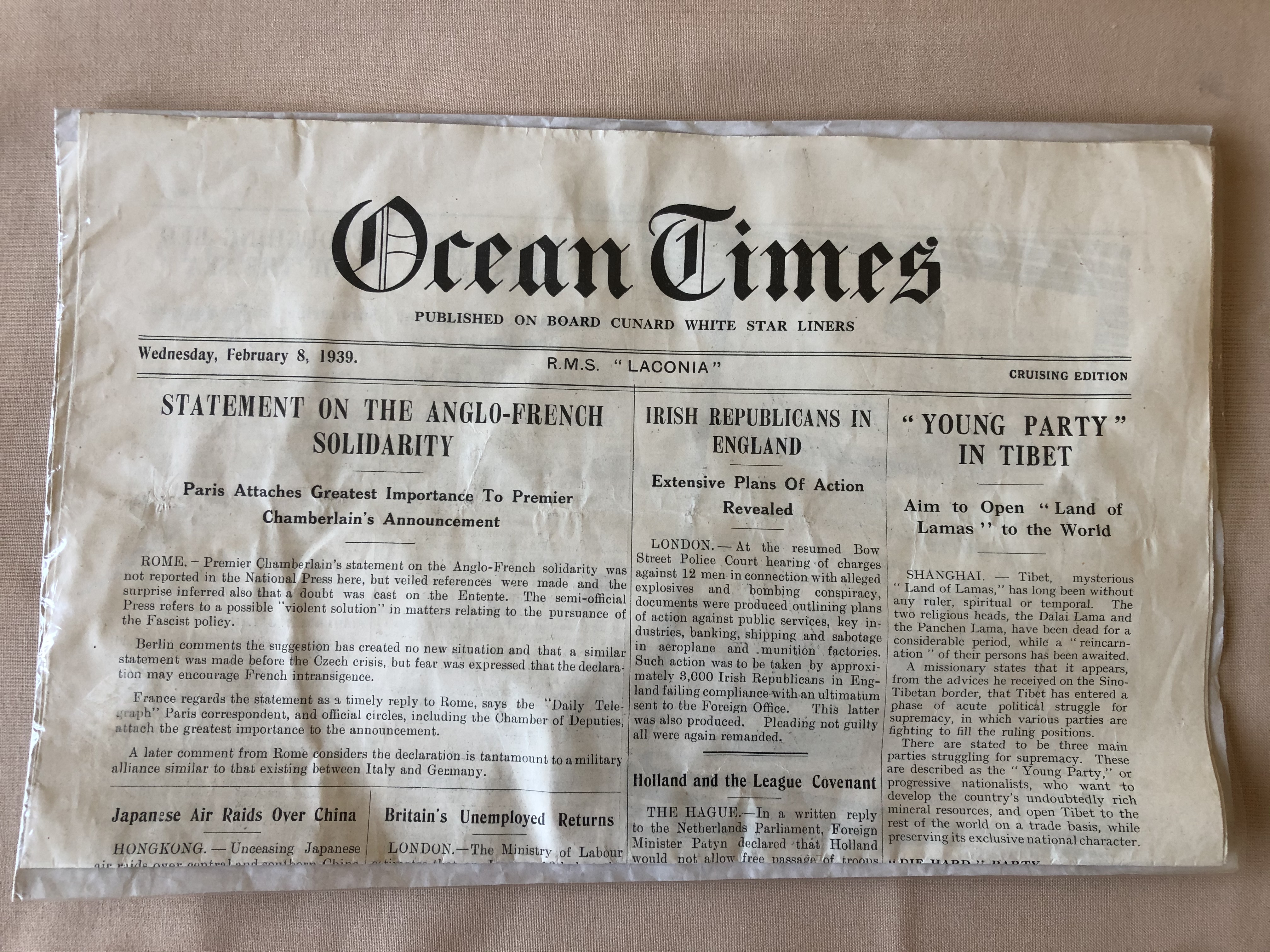 VERY RARE TO FIND EDITION OF THE SHIP NEWSPAPER THE 'OCEAN TIMES' FROM THE RMS LACONIA