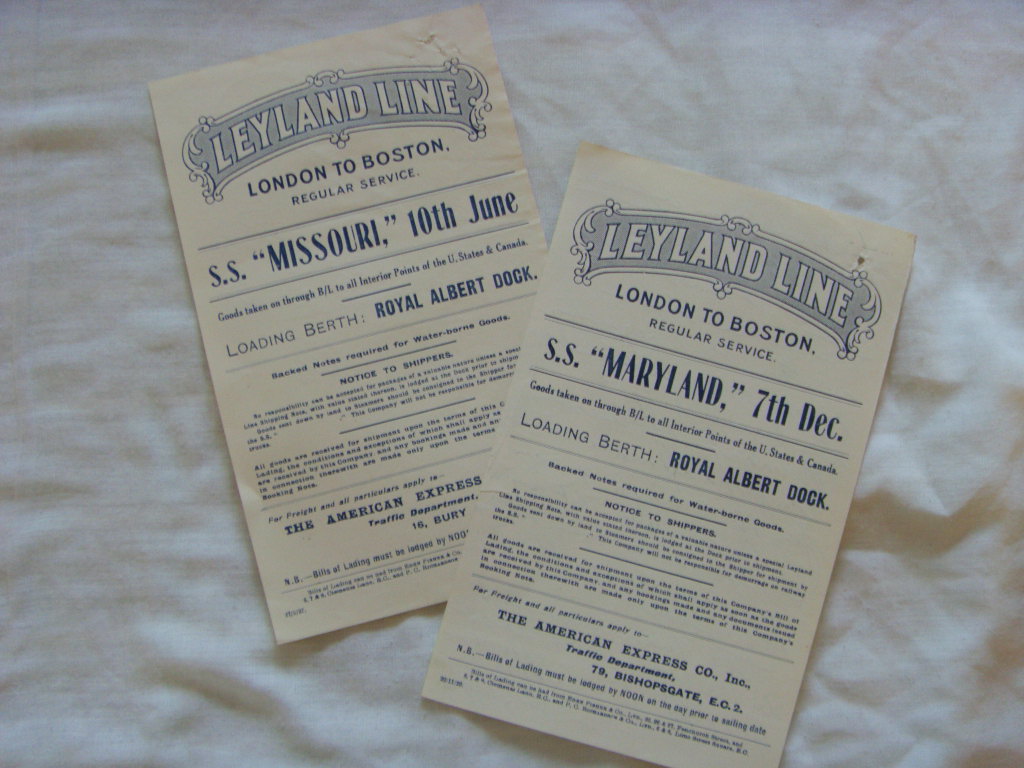 TWO INFORMATION 'SHIPS NOTICES' CARDS FROM THE LEYLAND LINE FROM 1927 & 1929