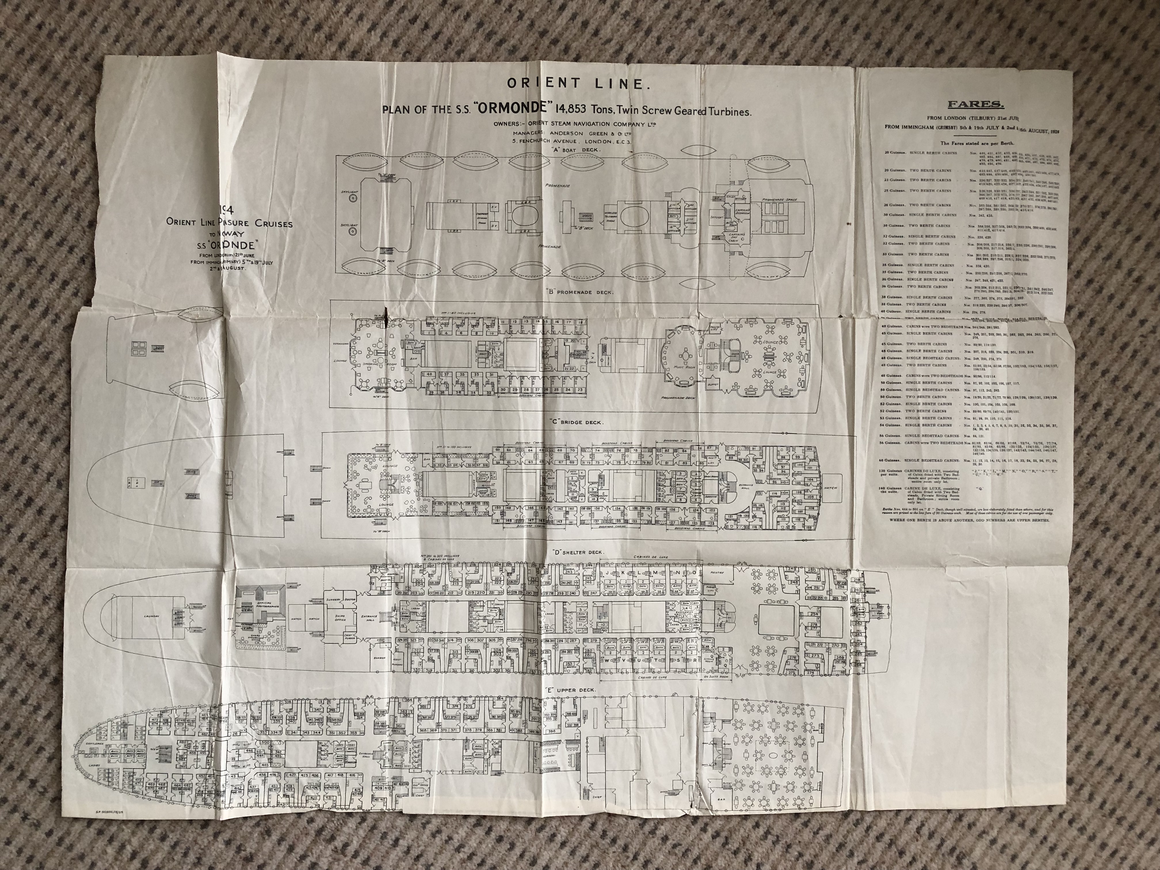 ORIGINAL SHIPS ACCOMMODATION PLAN FOR THE RMS ORMONDE OF THE ORIENT LINE FROM 1924