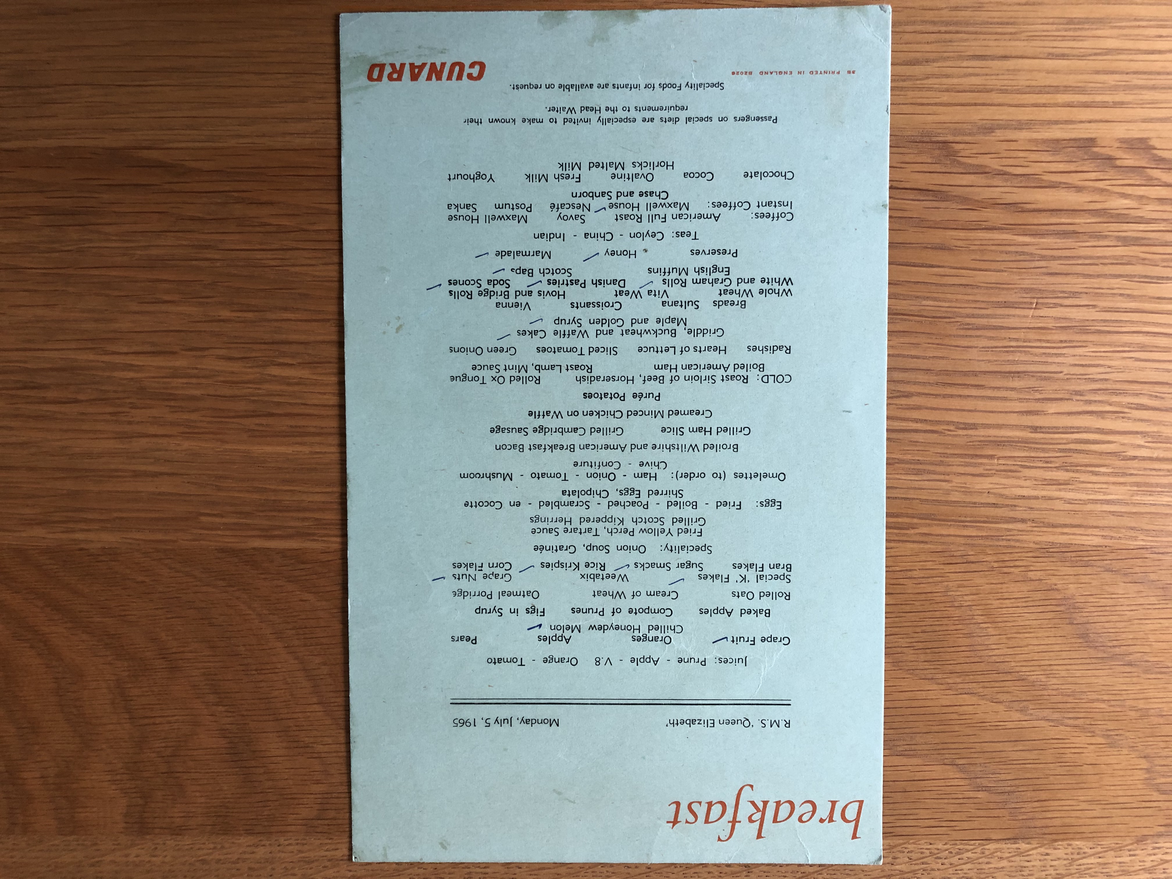 ORIGINAL BREAKFAST MENU FROM THE VESSEL THE QUEEN ELIZABETH DATED JULY 1965