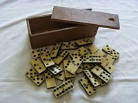 SUPERB SET OF HANDMADE BY NAVAL SEAMAN WOOD/BONE DOMINOES COMPLETE IN WOODEN BOX