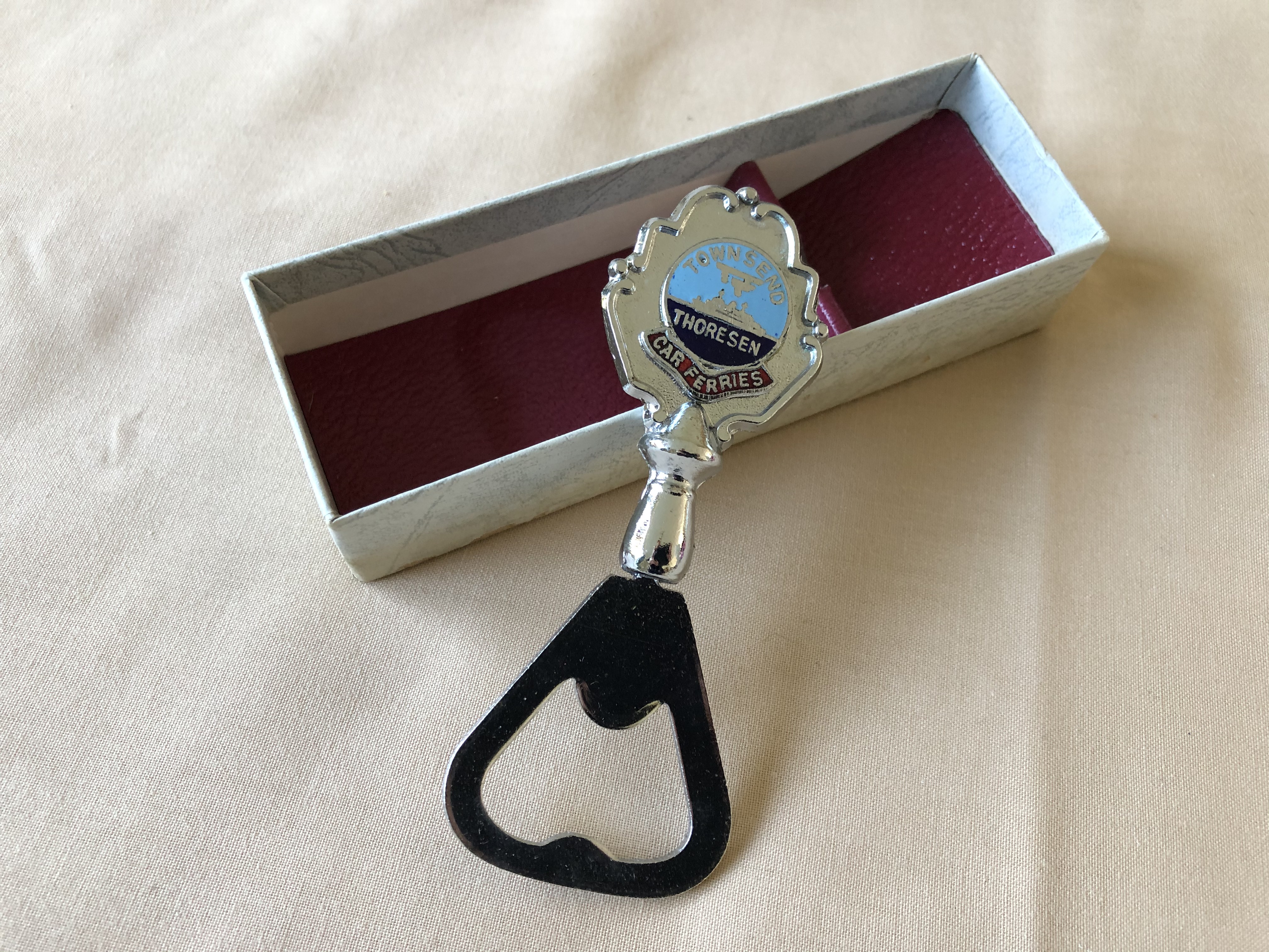 EARLY BOXED SOUVENIR BOTTLE OPENER FROM THE TOWNSEND THORESEN FERRIES COMPANY