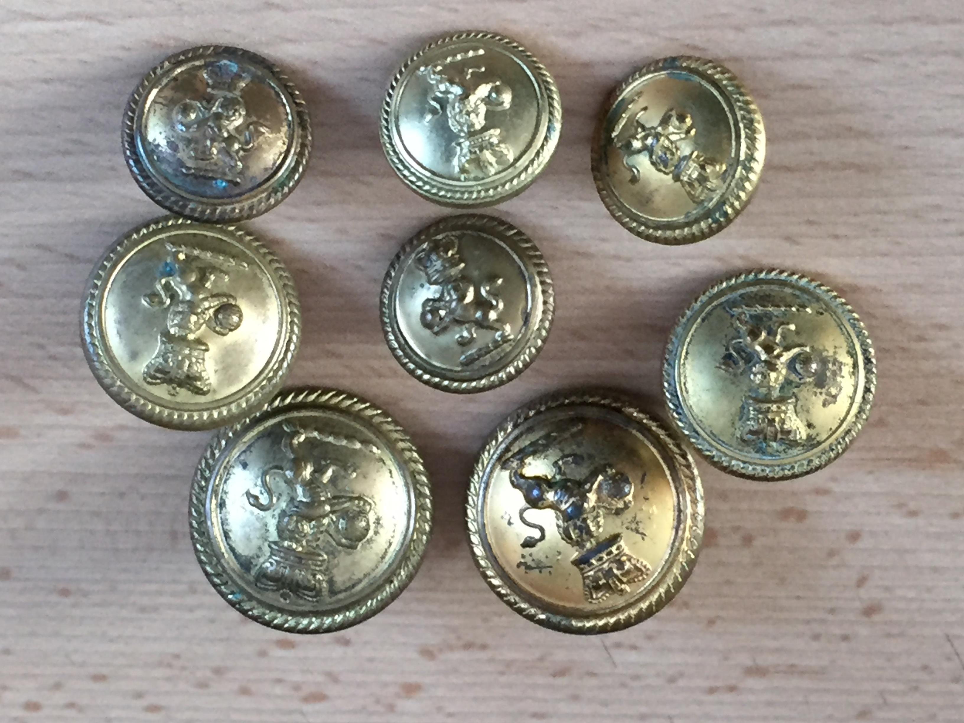 SET OF 6 LARGE AND 3 MEDIUM SIZED BRASS BLAZER AND CUFF MERCHANT NAVAL BUTTONS CIRCA 1950's