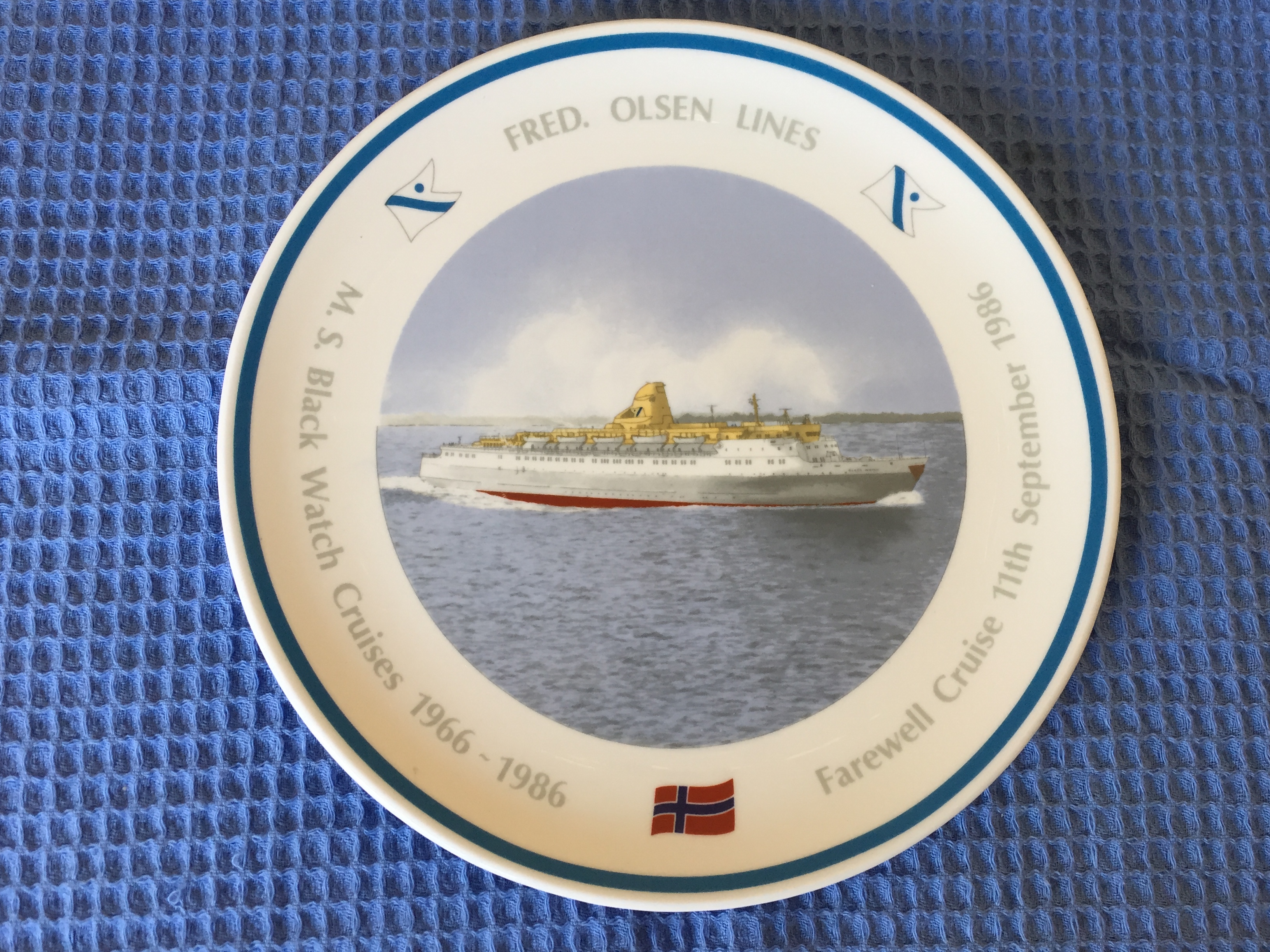 SOUVENIR FAREWELL PLATE FOR THE FRED OLSEN LINE VESSEL THE BLACK WATCH