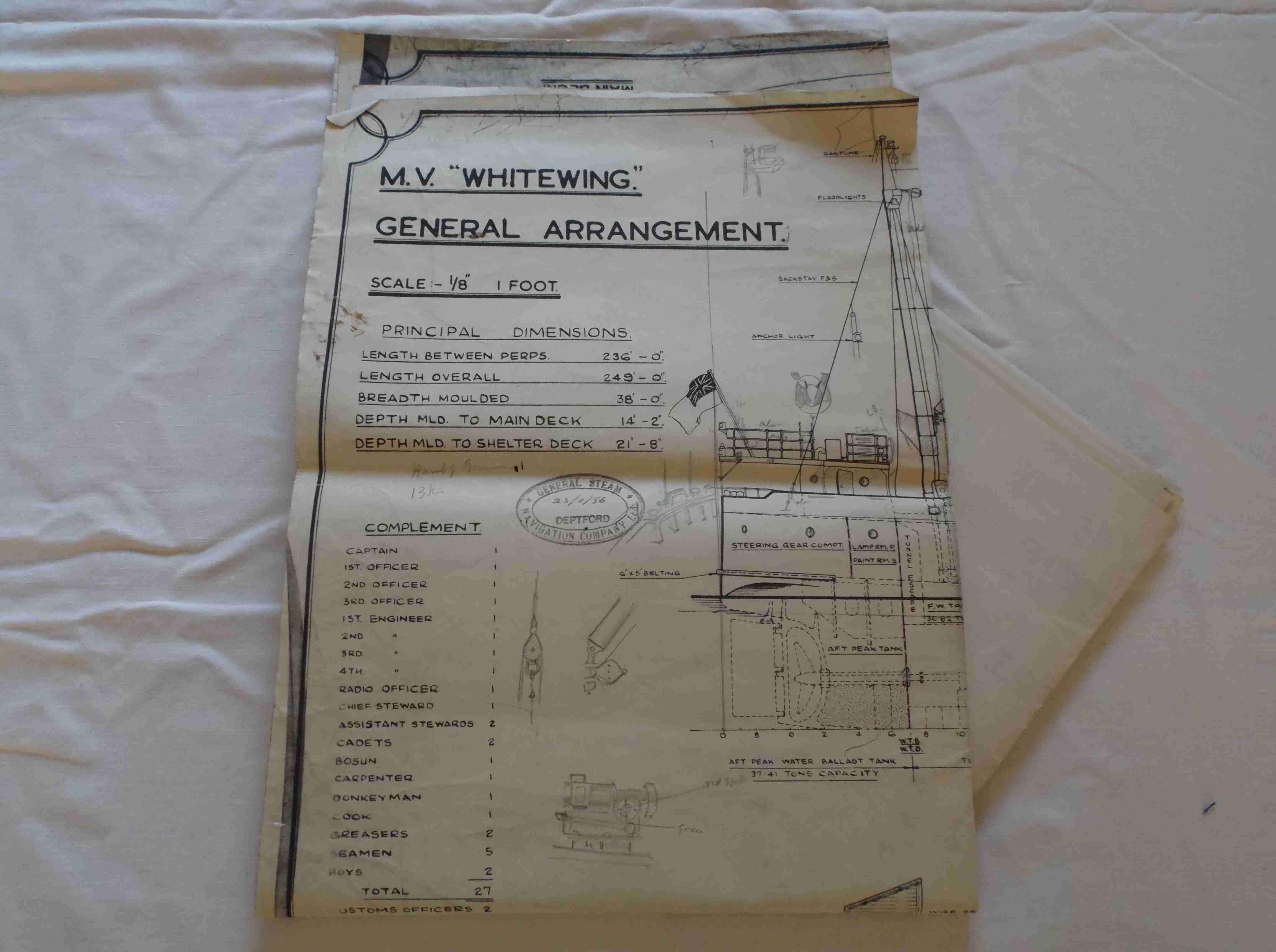 SET OF ORIGINAL SHIPS PLANS FOR THE GENERAL STEAM NAVIGATION COMPANY VESSEL THE WHITEWING