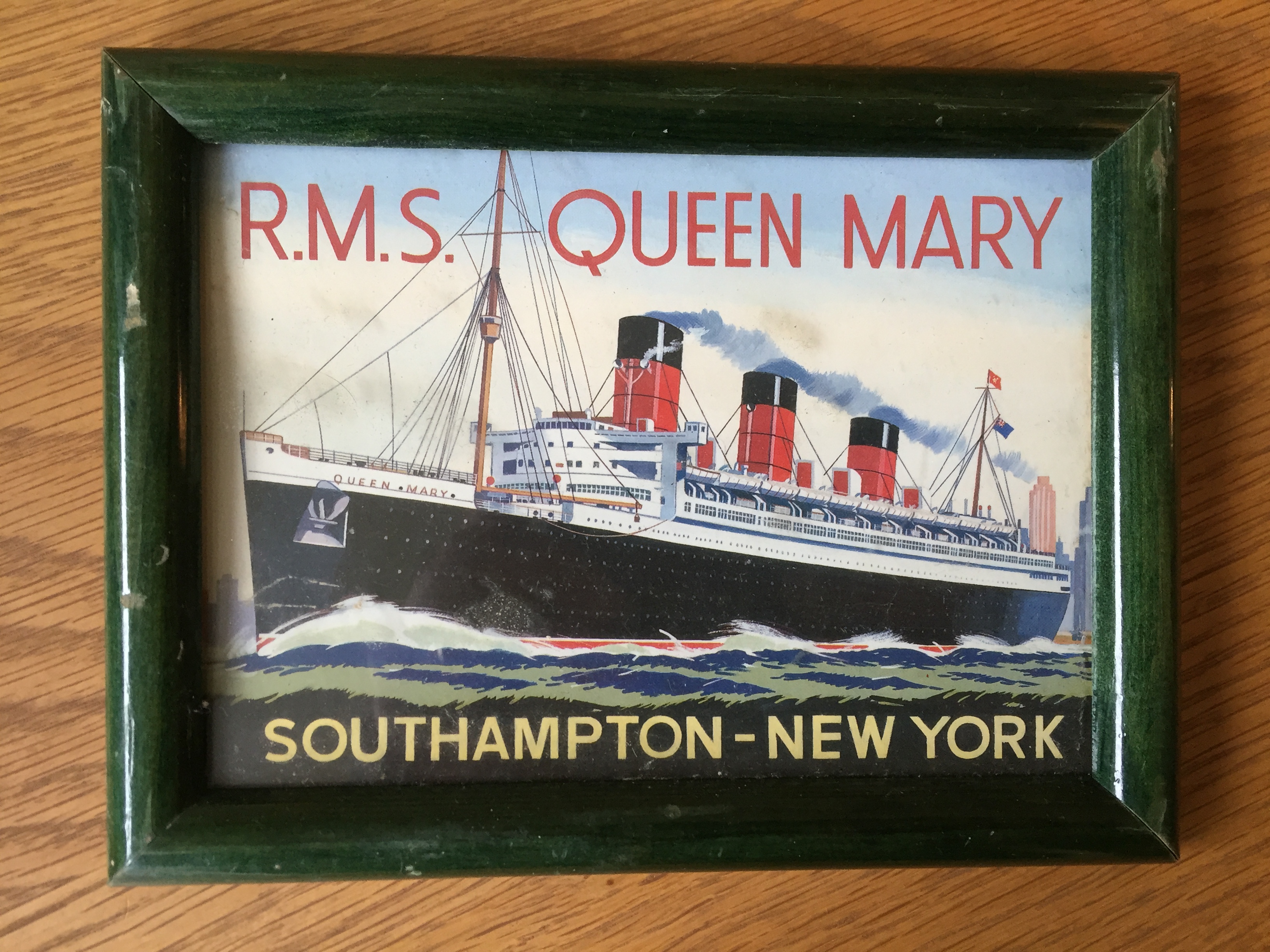 OLD SMALL FRAMED COLOUR PICTURE OF THE CUARD LINE VESSEL THE QUEEN MARY 