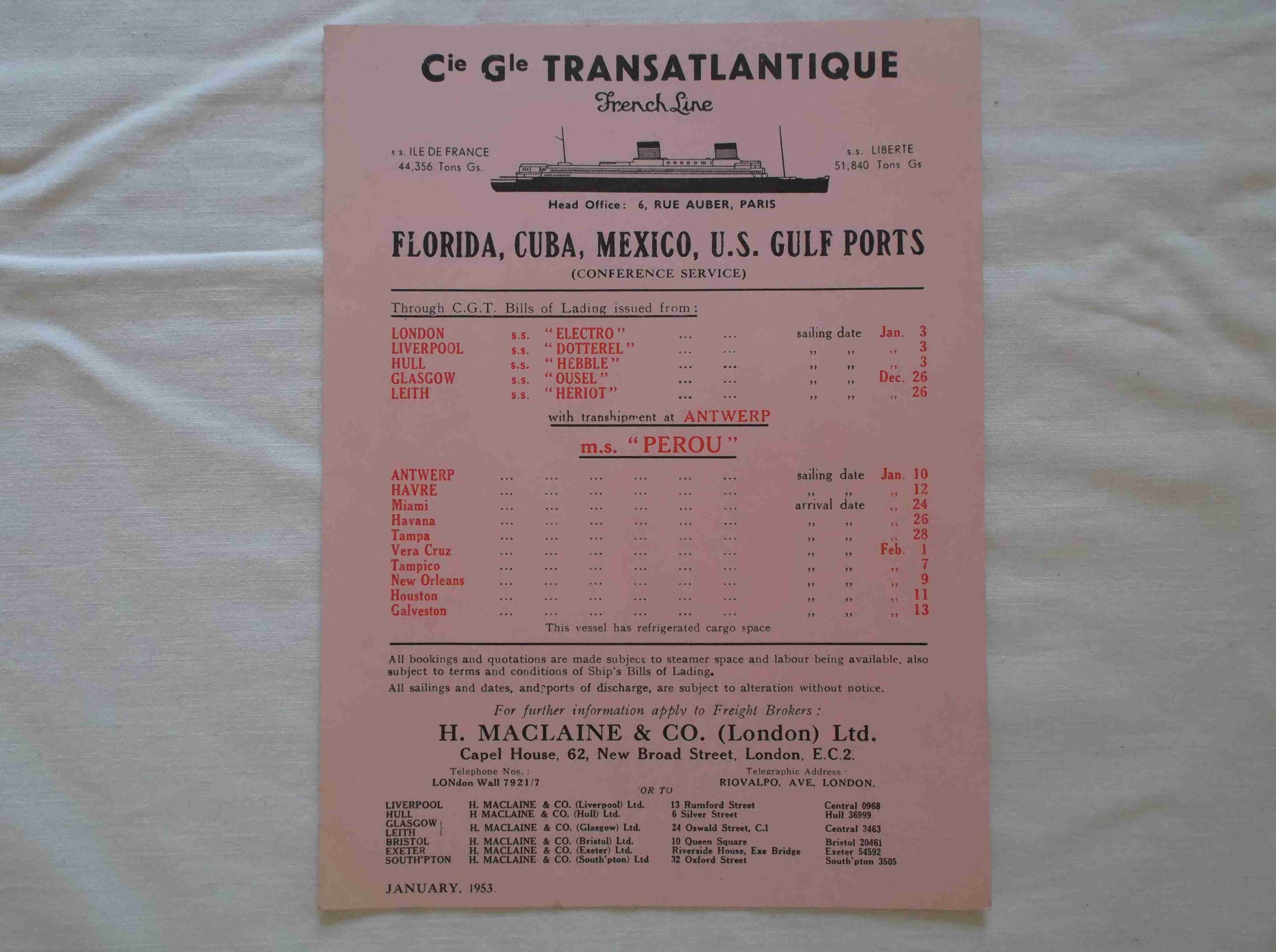 BILL OF LADING SAILING PROGRAMME FROM THE FRENCH LINE VESSEL THE SS ILE DE FRANCE
