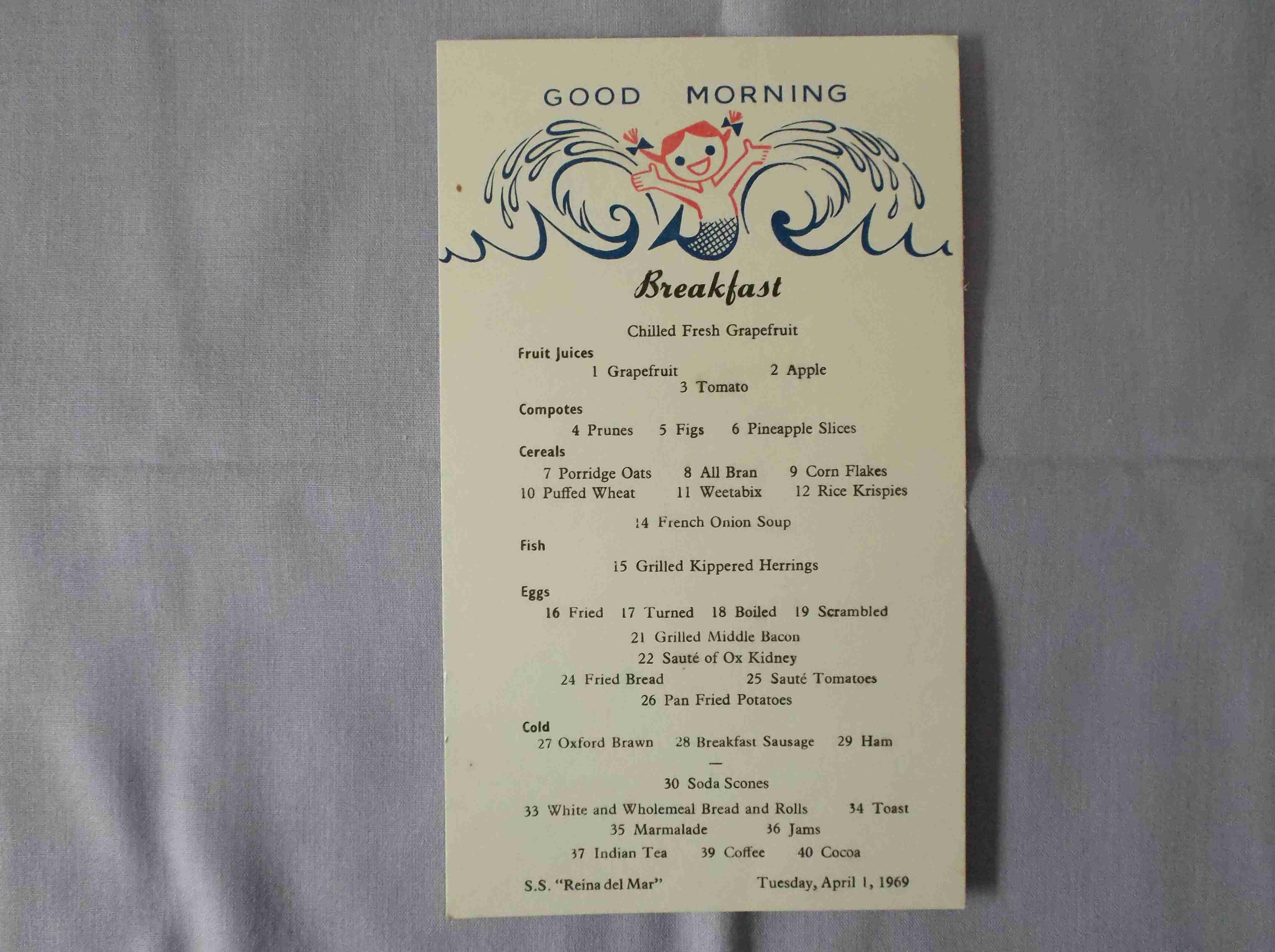 BREAKFAST MENU FROM THE VESSEL REINA DEL MAR DATED APRIL 1969