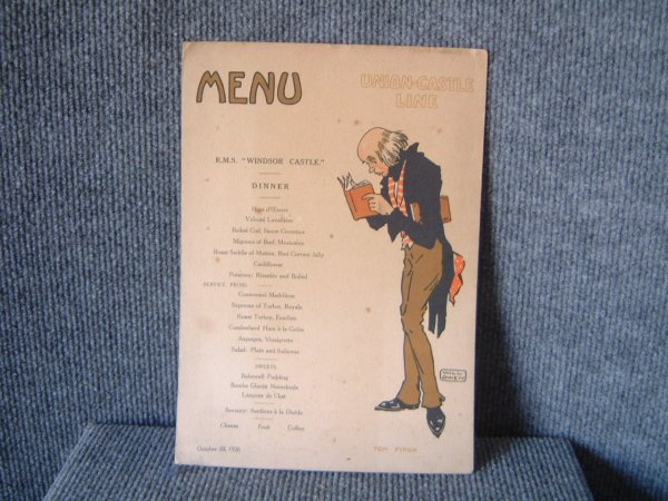 DINNER MENU FROM THE UNION CASTLE LINE VESSEL WINSOR CASTLE DATED OCTOBER 1926