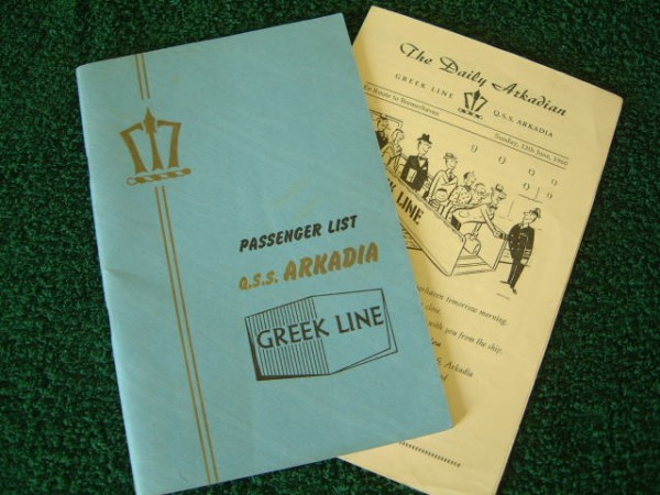 PASSENGER LIST FROM THE ARKADIA OF THE GREEK LINE DATED 1958