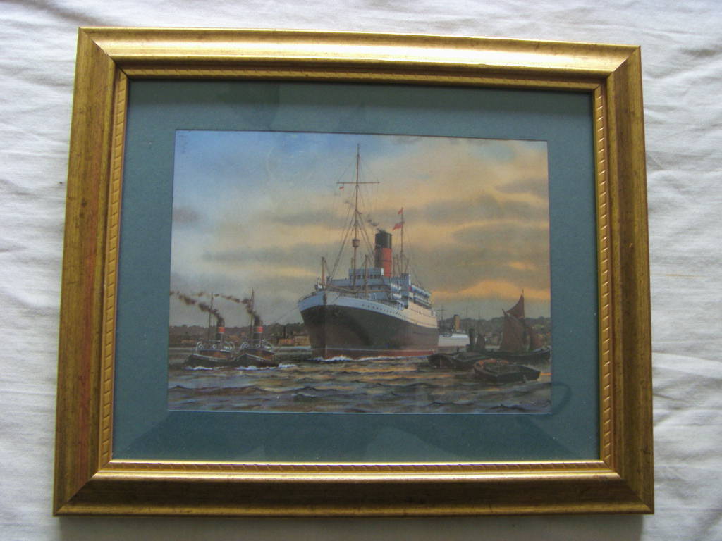 FABULOUS FRAMED COLOUR PICTURE OF THE CUNARD LINE VESSEL THE CORINTHIA CIRCA 1934 BY J. NICHOLSON