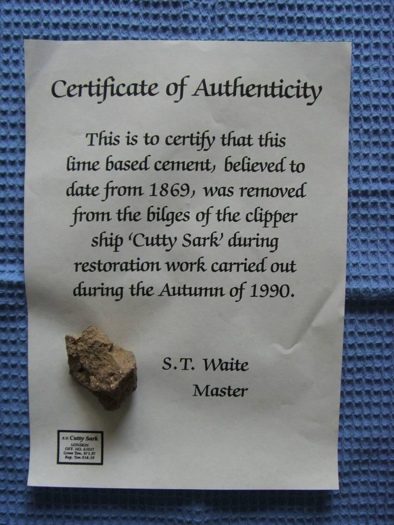 PIECE OF ORIGINAL CEMENT FROM THE BILGES OF THE FAMOUS SHIP 'THE CUTTY SARK'