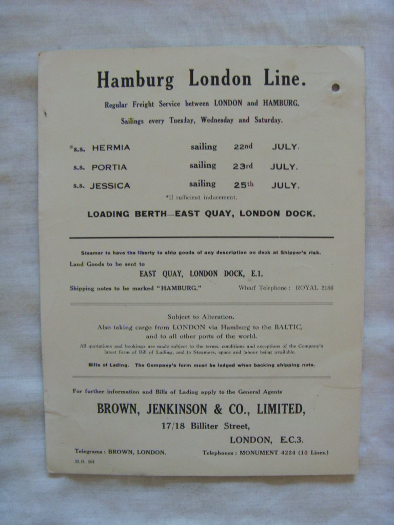 INFORMATION 'SHIPS NOTICES' CARD FROM THE HAMBURG LONDON LINE DATED 1931