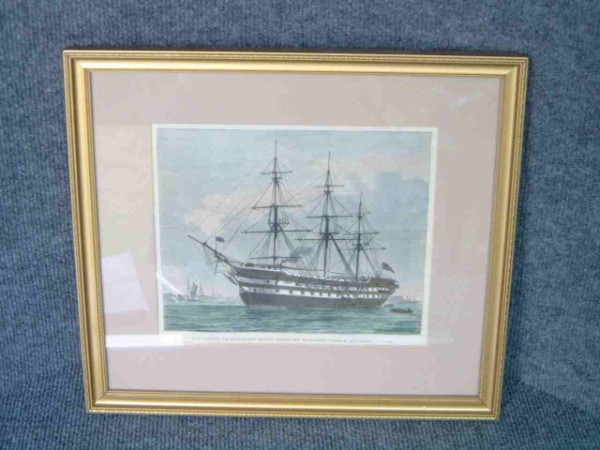 HAND COLOURED FRAMED PICTURE OF HMS WARSPITE