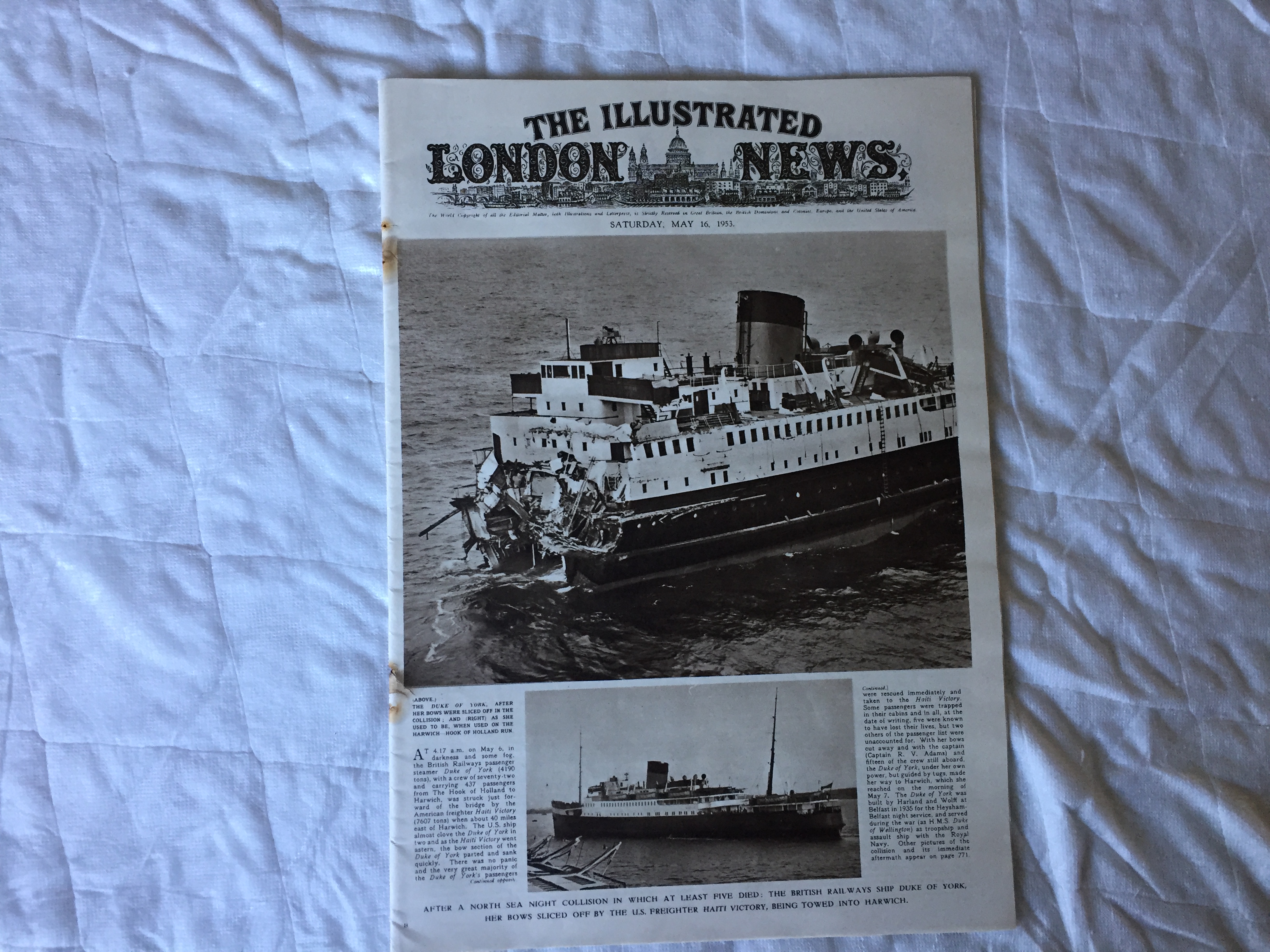 THE VESSEL DUKE OF YORK DISASTER SHOWN IN AN EDITION OF THE ILLUSTRATED LONDON NEWS