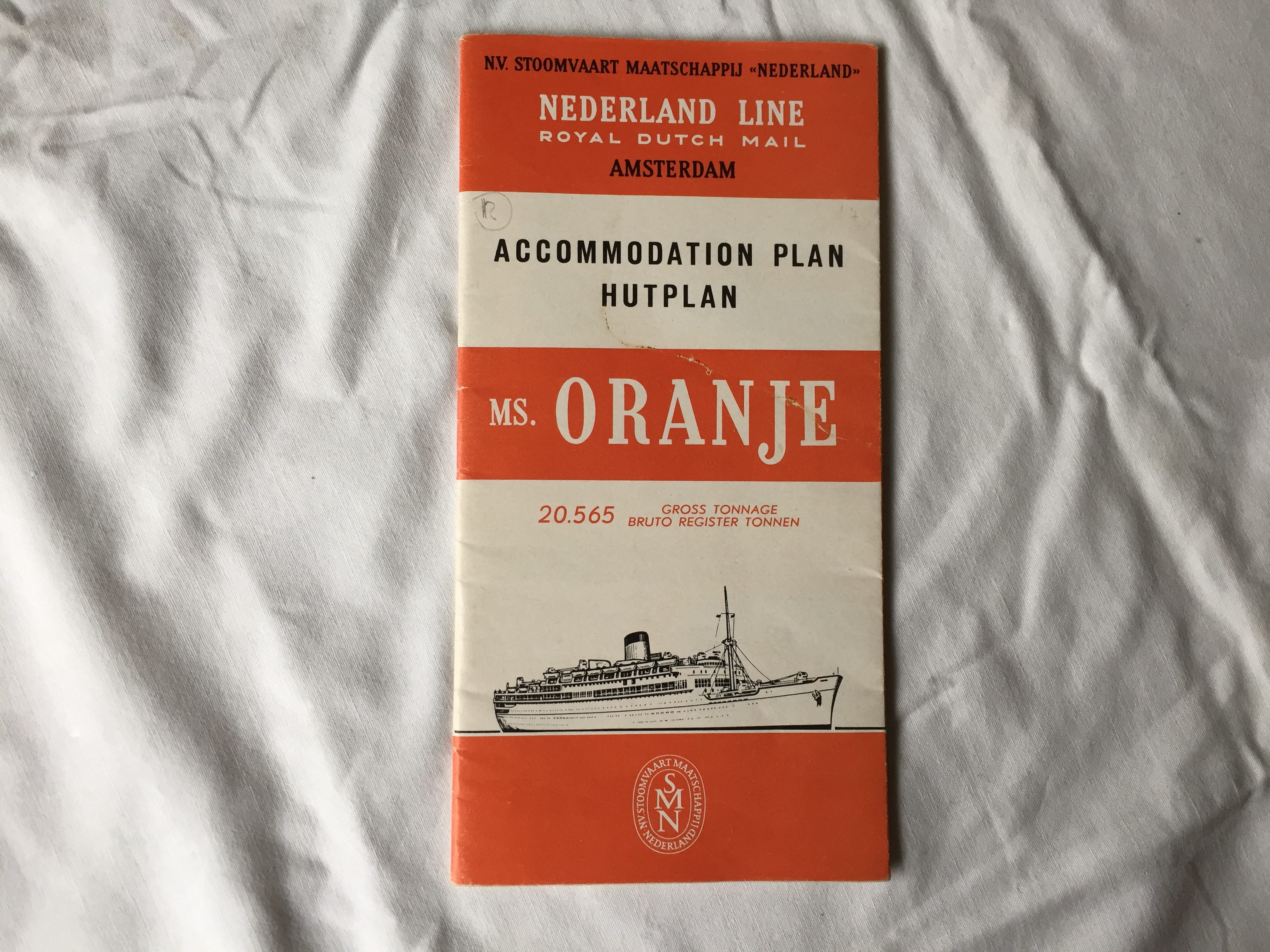 SOUVENIR CRUISE DECK PLAN AND ACCOMODATION BOOKLET FROM THE VESSEL MS ORANJE FROM THE NEDERLAND LINE