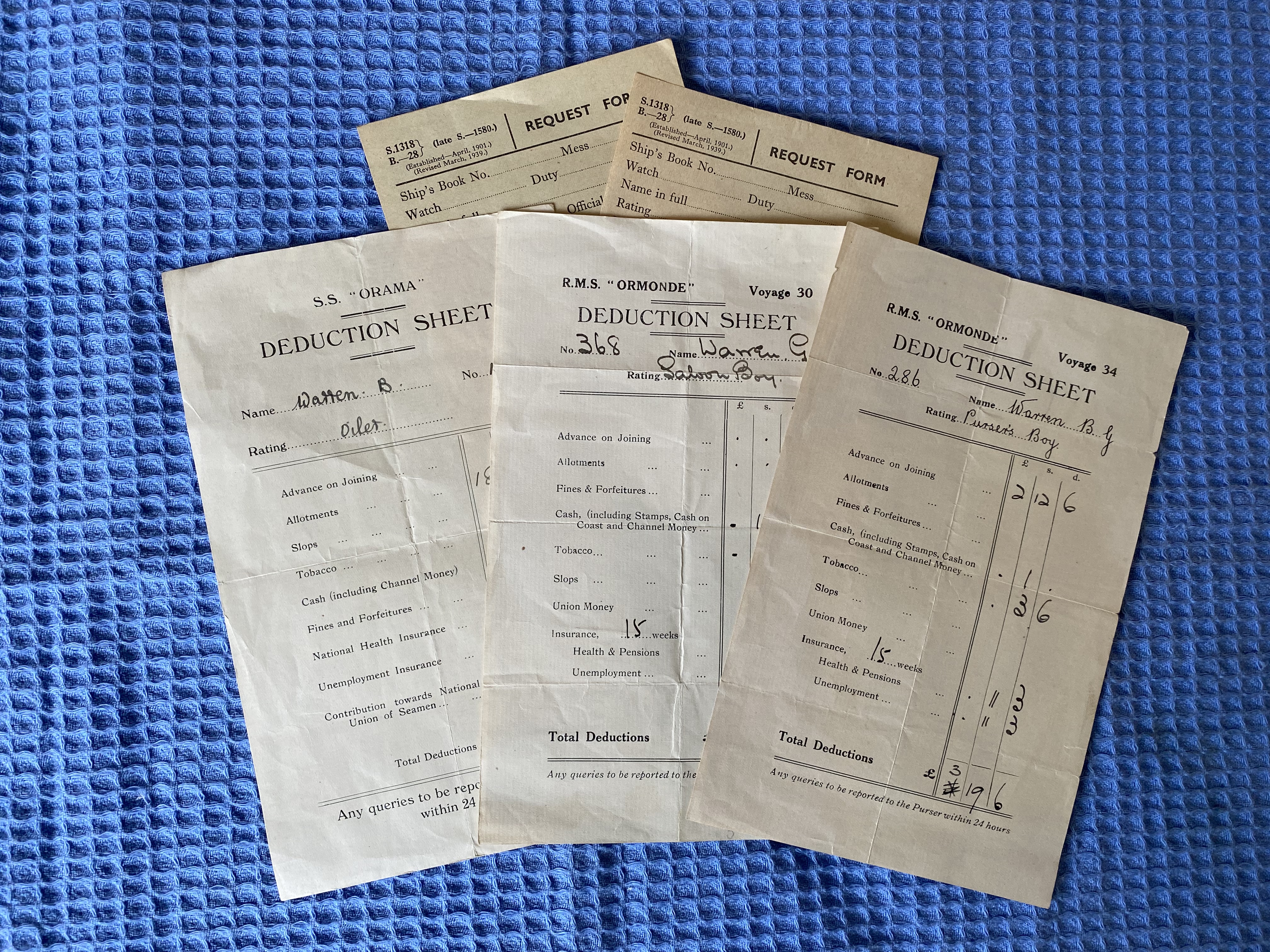 A SET OF VERY EARLY SEAMANS DEDUCTION SHEETS FROM THE RMS ORMONDE AND SS ORIANA FOR SEAMAN B. WARREN