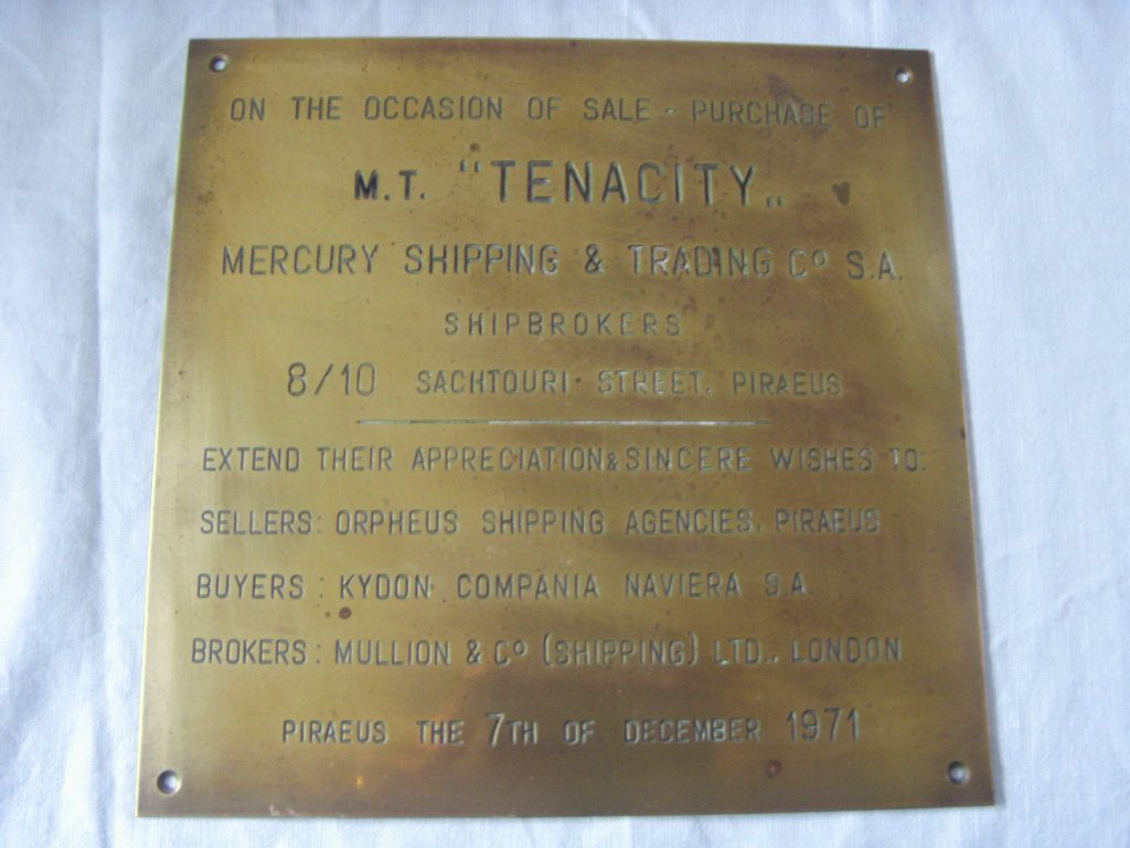 BRASS PLAQUE FROM THE M.T. TENACITY BUILT 1954