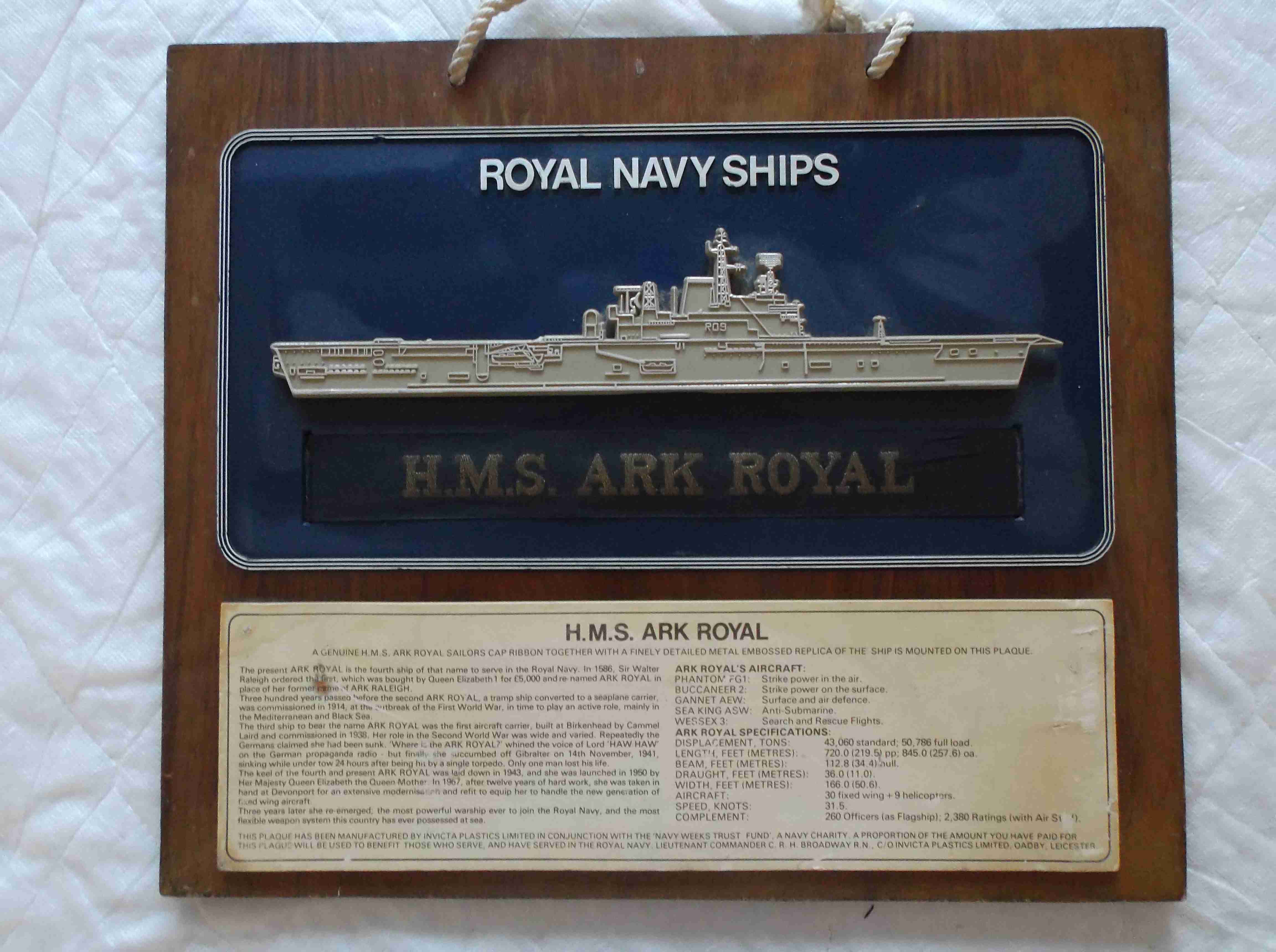 PRESENTATION PLAQUE FOR THE ROYAL NAVAL VESSEL HMS ARK ROYAL