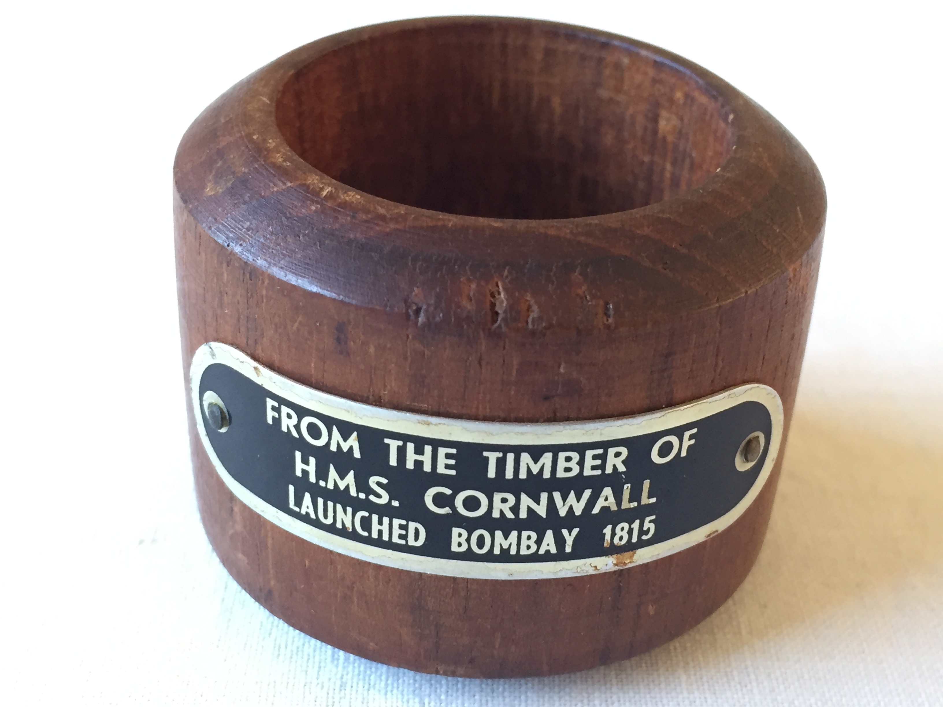 RARE WOODEN NAPKIN RING FROM THE TIMBERS OF HMS CORNWALL