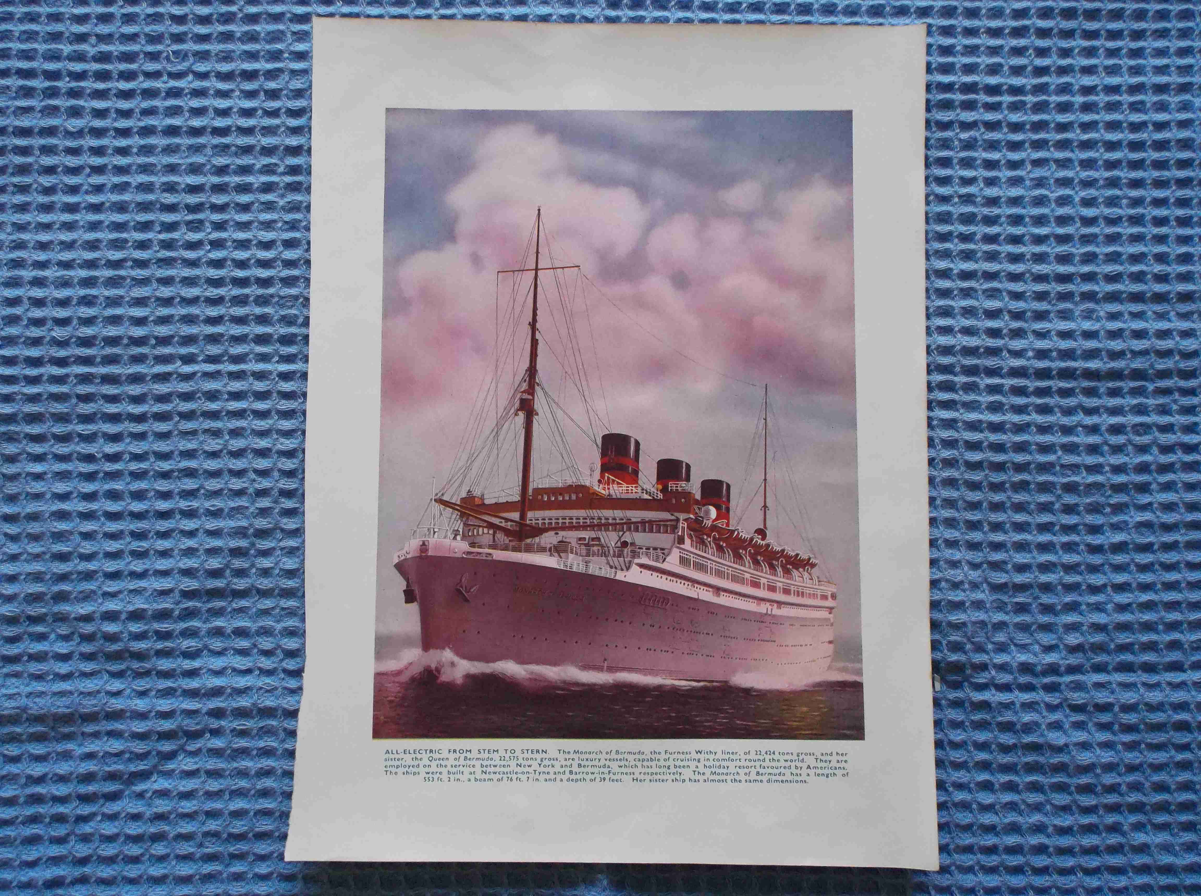 EARLY COLOURED PICTURE OF THE FURNESS LINES VESSEL THE MONARCH OF BERMUDA