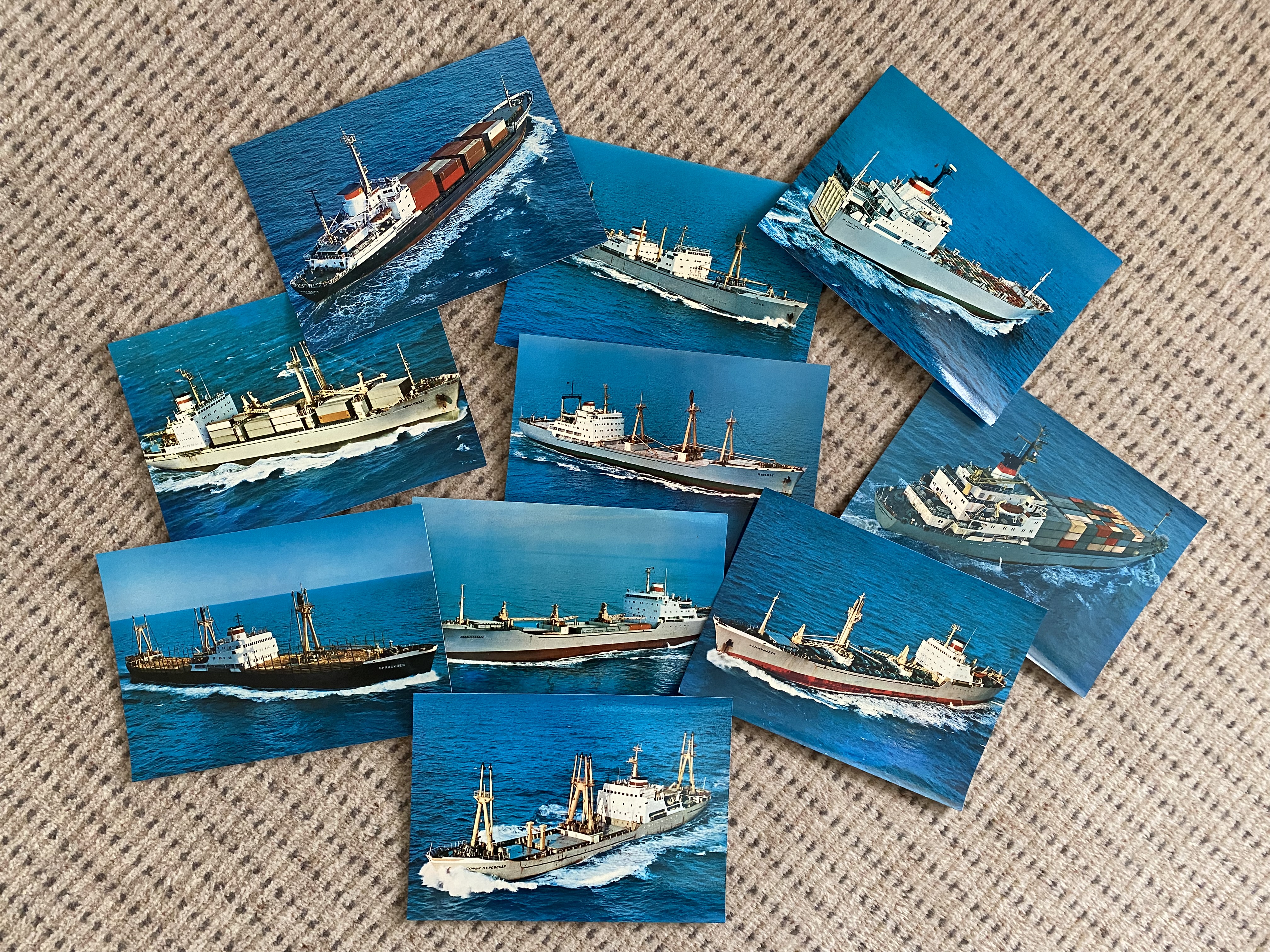 A SET OF OLD LARGE SIZE PHOTOGRAPHS SHOWING VARIOUS CONTAINER/INDUSTRIAL VESSELS AT SEA
