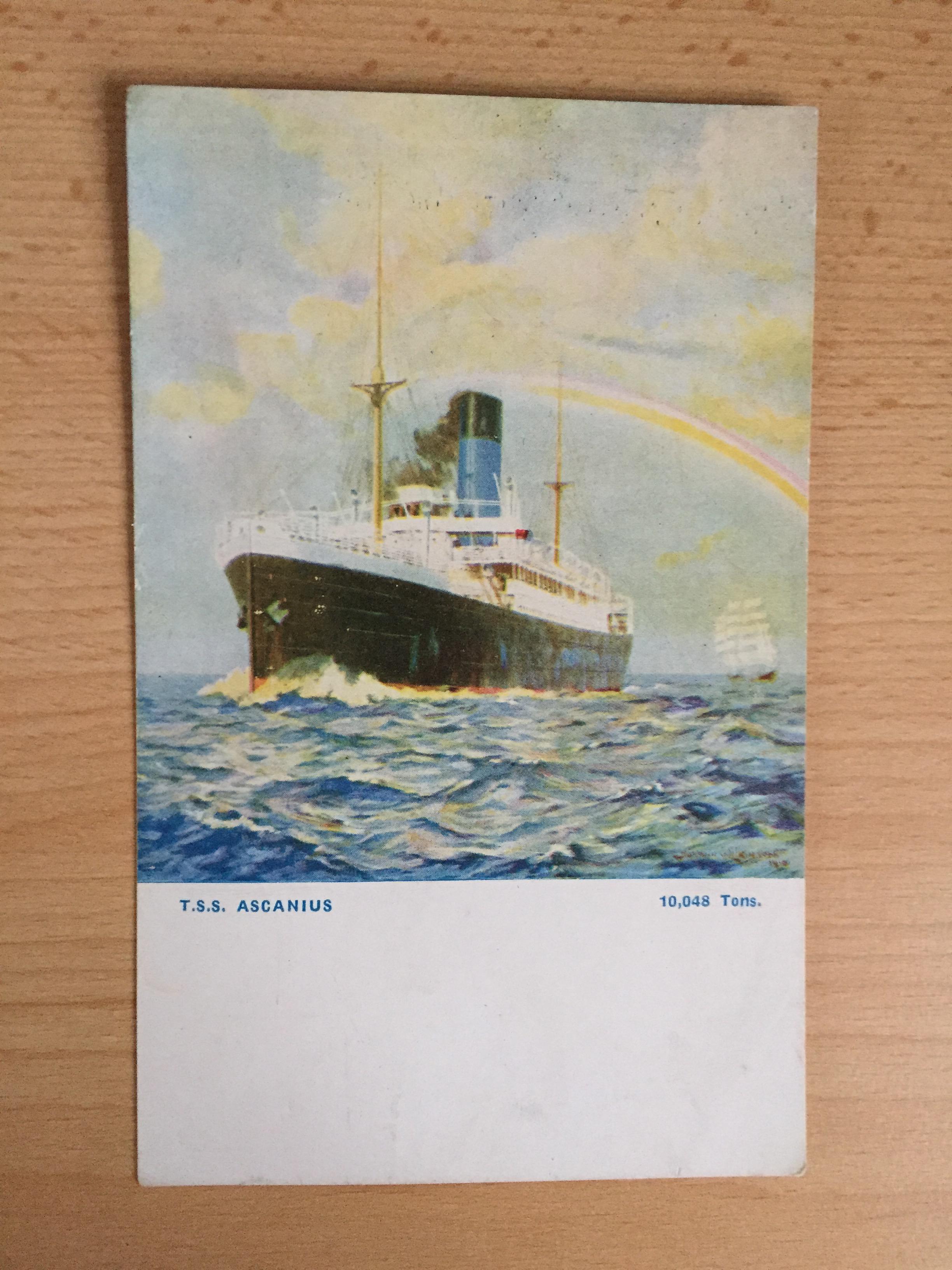 EARLY COLOUR POSTCARD FROM THE BLUE FUNNEL LINE VESSEL THE SS ASCANIUS