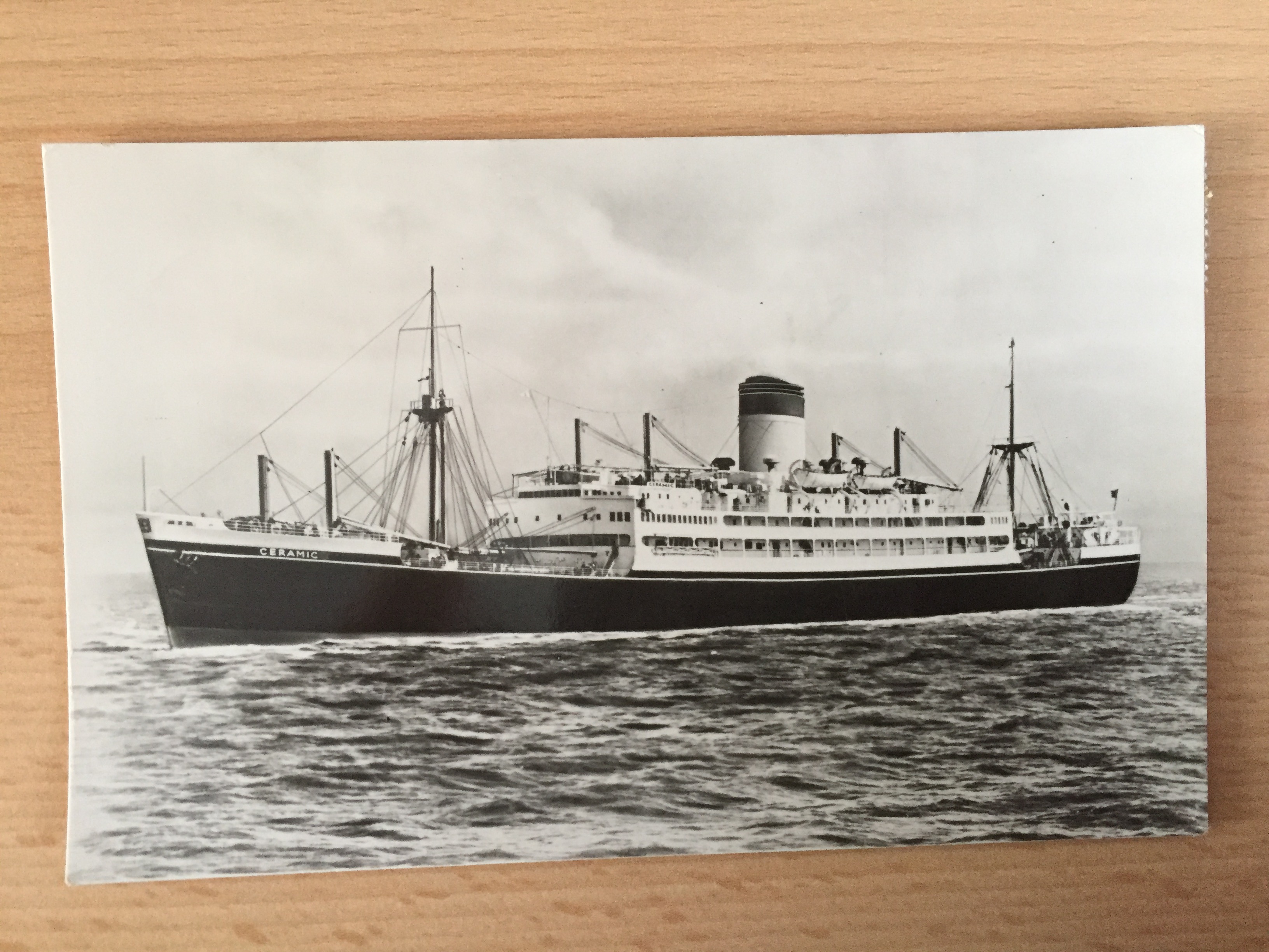 USED B/W POSTCARD FROM THE SS CERAMIC OF THE SHAW SAVILL LINE