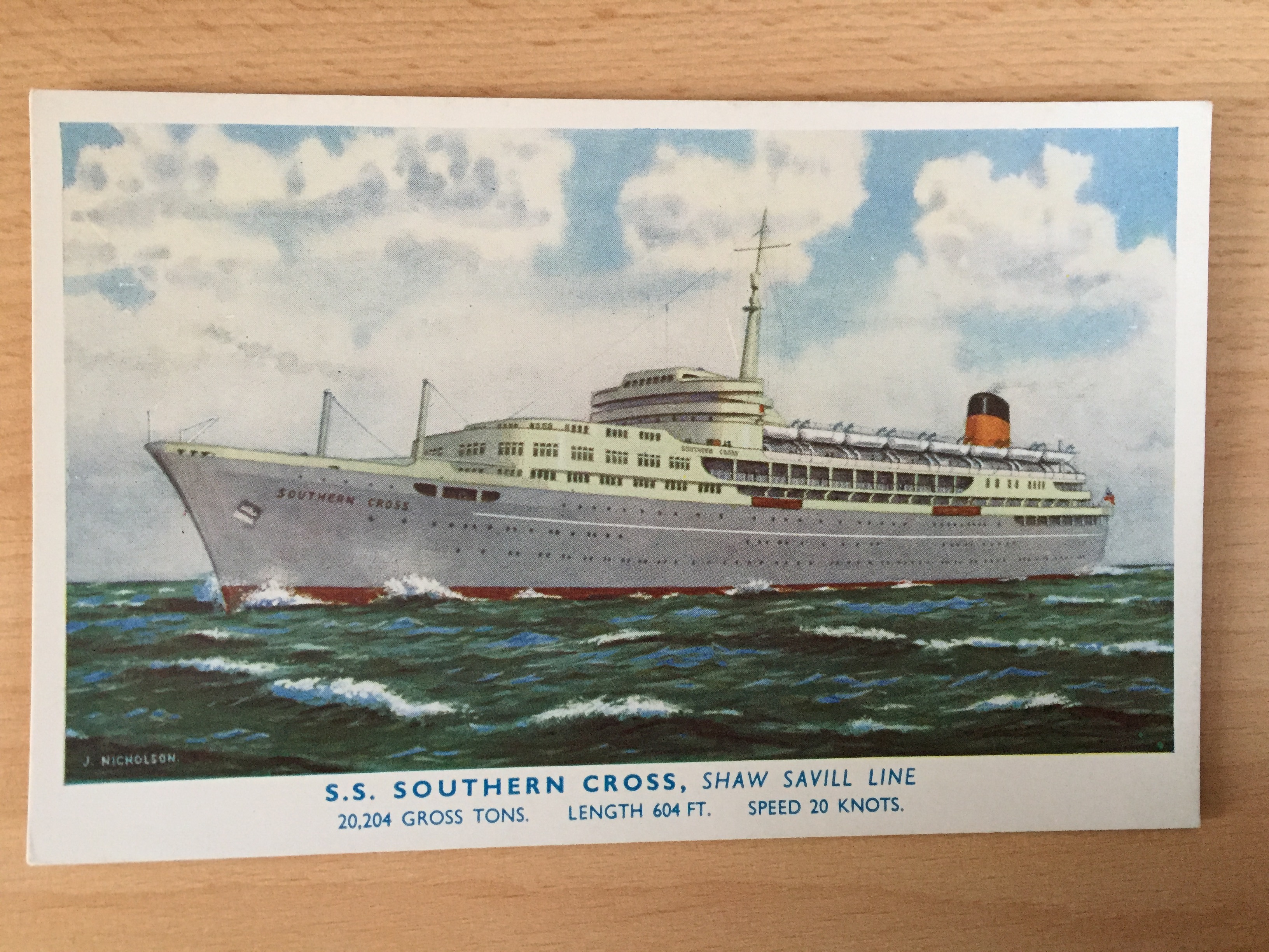 UNUSED COLOUR POSTCARD FROM THE SS SOUTHERN CROSS OF THE SHAW SAVILL LINE