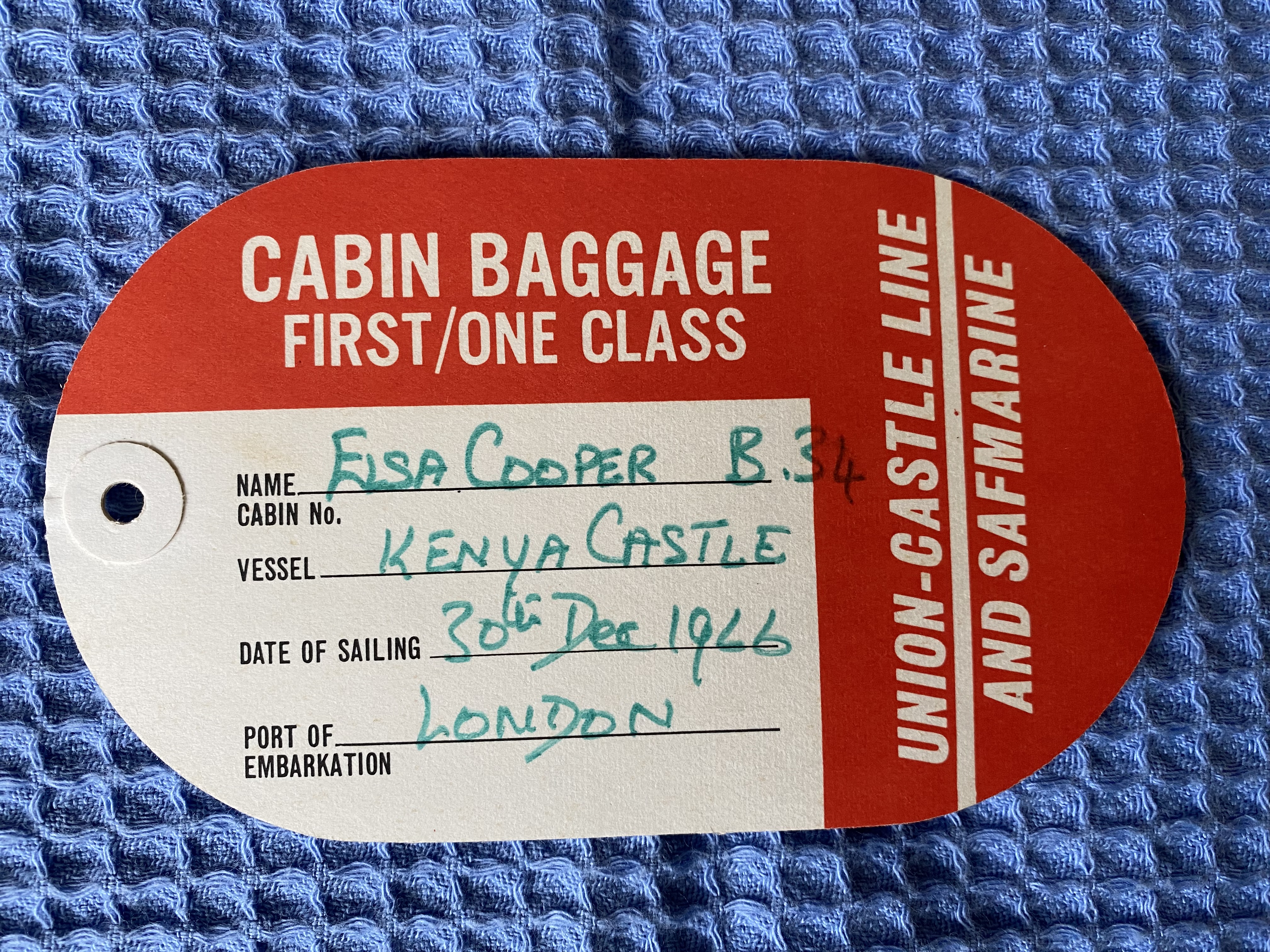 UNION CASTLE LINE AS USED LUGGAGE LABEL FROM THE VESSEL THE KENYA CASTLE